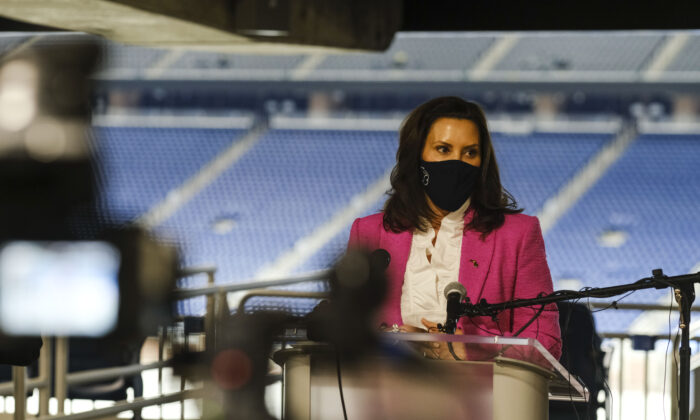 Michigan Gov. Gretchen Whitmer speaks to members of the press in Detroit, on April 6, 2021. (Matthew Hatcher/Getty Images)