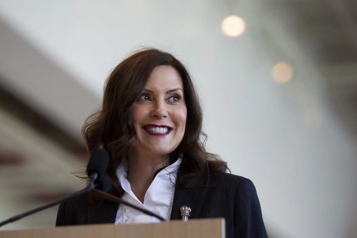Michigan Gov. Gretchen Whitmer speaks at Steelcase in Grand Rapids, Mich., on May 24, 2021. (Cory Morse/The Grand Rapids Press via AP)