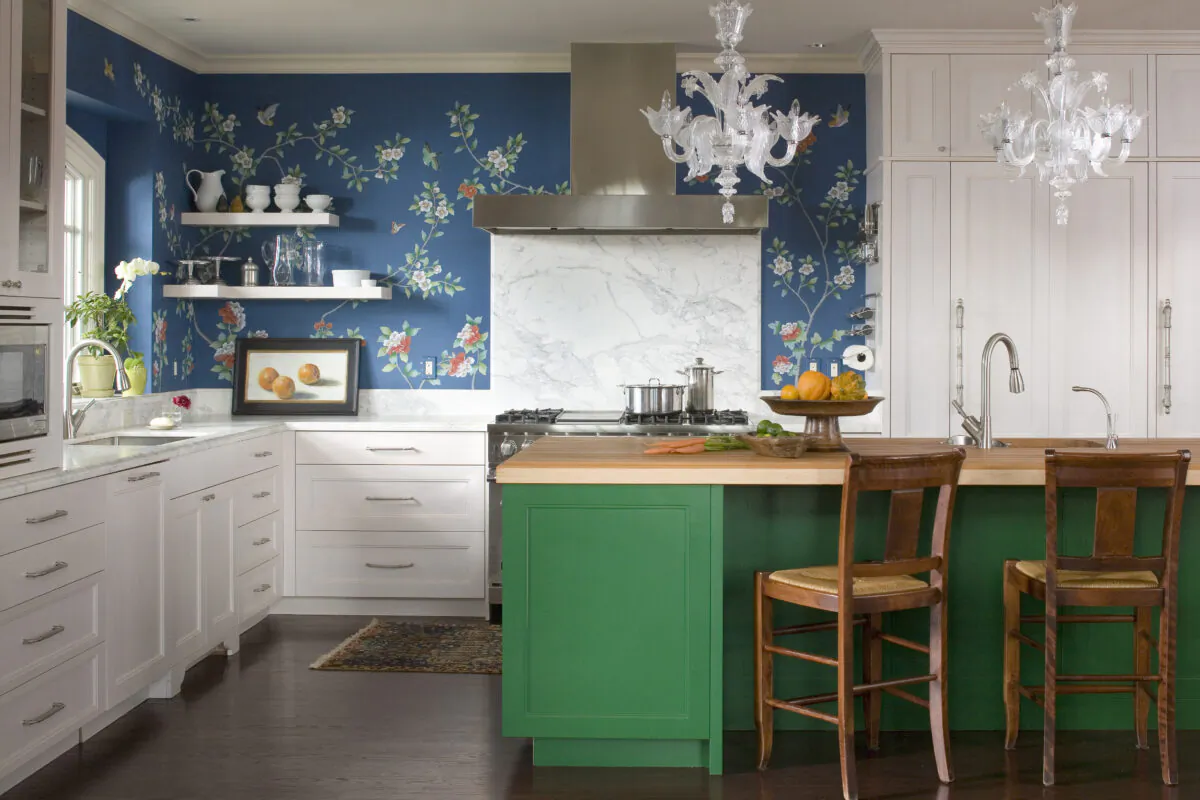 A classic-style kitchen designed by Andrea Schumacher Interiors, within a house in Cherry Hills Village, Colorado. The kitchen island is painted the color Bottle Green by Fine Paints of Europe. (Emily Minton Redfield)