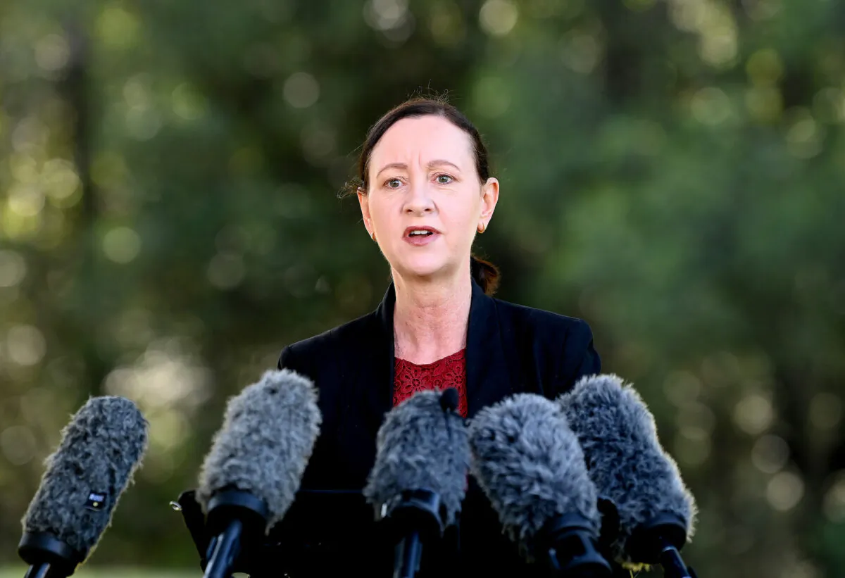Health Minister Yvette D'Ath speaks after Queensland Premier Annastacia Palazczuk announced a three-day lockdown for the Greater Brisbane area, on March 29, 2021. (Bradley Kanaris/Getty Images)
