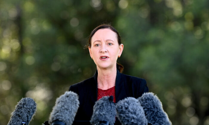 Health Minister Yvette D'Ath speaks after Queensland Premier Annastacia Palazczuk announced a three-day lockdown for the Greater Brisbane area, on March 29, 2021. (Bradley Kanaris/Getty Images)