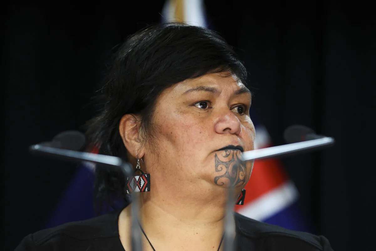 Minister of Foreign Affairs Nanaia Mahuta talks to media during a press conference at Parliament on April 22, 2021 in Wellington, New Zealand. (Hagen Hopkins/Getty Images)