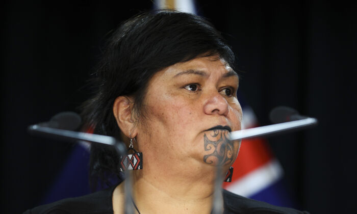 Minister of Foreign Affairs Nanaia Mahuta talks to media during a press conference at Parliament on April 22, 2021 in Wellington, New Zealand. (Hagen Hopkins/Getty Images)
