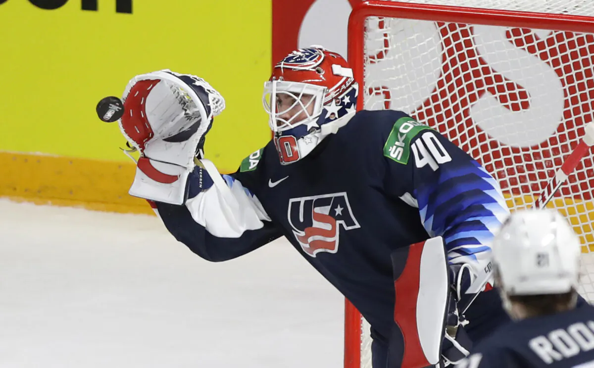 Goaltenders Cal Petersen of the United States makes a save during the Ice Hockey World Championship group B match between United States and Kazakhstan at the Arena in Riga, Latvia on May 25, 2021. (Sergei Grits/AP Photo)