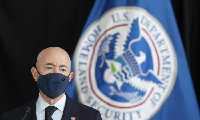 Secretary of Homeland Security Alejandro Mayorkas speaks about aviation security ahead of the summer travel season during a news conference at Ronald Reagan Washington National Airport, in Arlington, Va., on May 25, 2021. (Patrick Semansky/AP Photo)