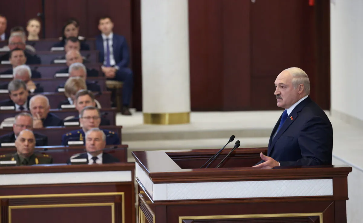 Belarusian President Alexander Lukashenko delivers a speech during a meeting with parliamentarians, members of the Constitutional Commission and representatives of public administration bodies, in Minsk, Belarus, on May 26, 2021. (Maxim Guchek/BelTA/Handout via Reuters)