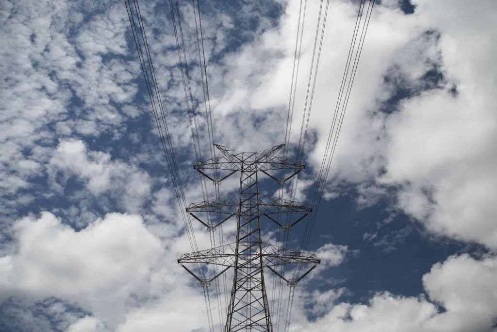 Power lines in the country outside of the New South Wales country town of Portland, Australia, on March 1, 2019. (Mark Kolbe/Getty Images)