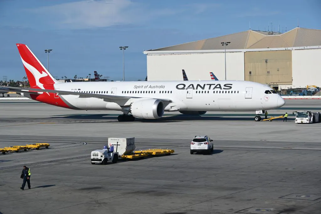 A Boeing 787-9 Dreamliner from Qantas Air Lines is seen on the tarmac of LAX Los Angeles airport on May 11, 2019. (Daniel Slim/AFP via Getty Images)