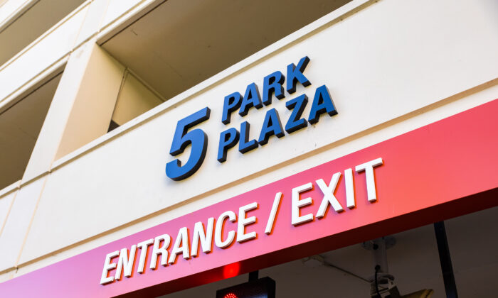 The parking area for business at 5 Park Plaza in Irvine, Calif., on May 26, 2021. (John Fredricks/The Epoch Times)