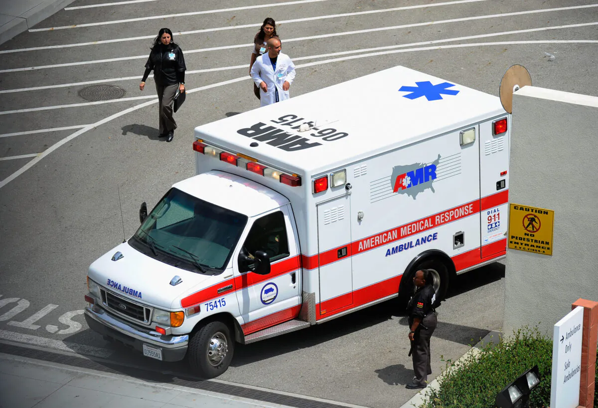 An American Medical Response ambulance leaves the Los Angeles County-USC Medical Center in Los Angeles on May 16, 2011. (Kevork Djansezian/Getty Images)