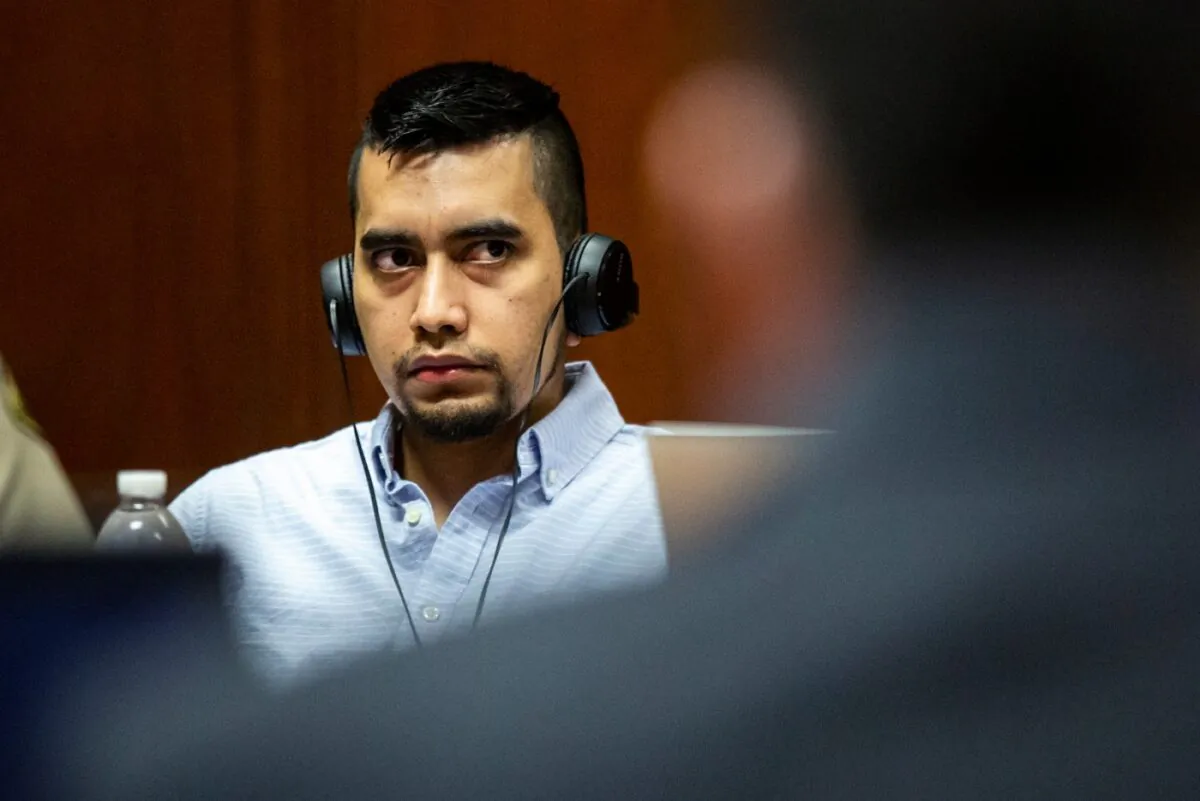 Cristhian Bahena Rivera listens to court proceedings during his trial, in the Scott County Courthouse in Davenport, Iowa, on May 25, 2021. (Kelsey Kremer/Pool/The Des Moines Register via AP)