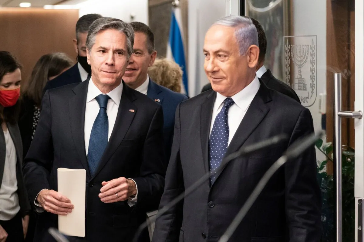 Secretary of State Antony Blinken speaks during a joint statement with Israeli Prime Minister Benjamin Netanyahu at the Prime Minister's office, in Jerusalem, Israel, on May 25, 2021. (Alex Brandon/Pool/AP Photo)