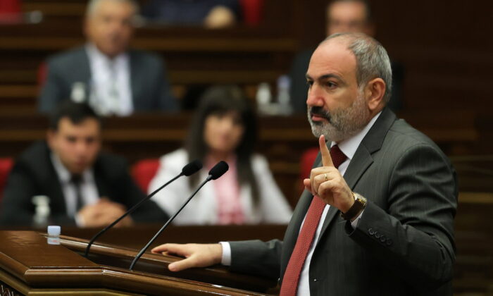 Armenia's acting Prime Minister Nikol Pashinyan speaks during a parliament session in Yerevan, Armenia, on May 10, 2021. (Tigran Mehrabyan/PAN Photo via Reuters)