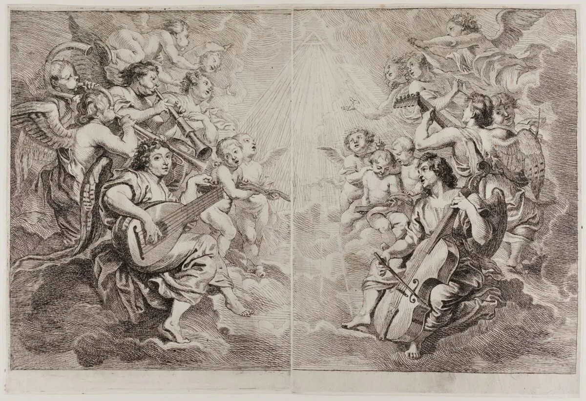 "Angels Making Music" by Cornelis Schut I after Peter Paul Rubens, circa 1650. Etching from two plates in black on ivory laid paper. John H. Wrenn Memorial Endowment, Art Institute Chicago (public domain).