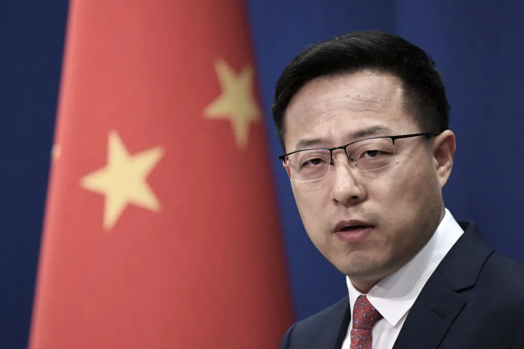 Chinese Foreign Ministry spokesman Zhao Lijian speaks at the daily media briefing in Beijing on Apr. 8, 2020. (Greg Baker/AFP via Getty Images)