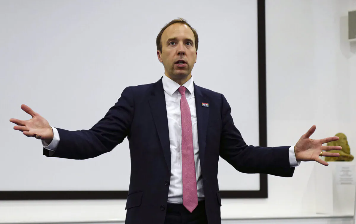 Health Secretary Matt Hancock speaks during a visit to the Royal Cornwall Hospital in Truro, England, on May 24, 2021. (Hugh Hastings/Getty Images)