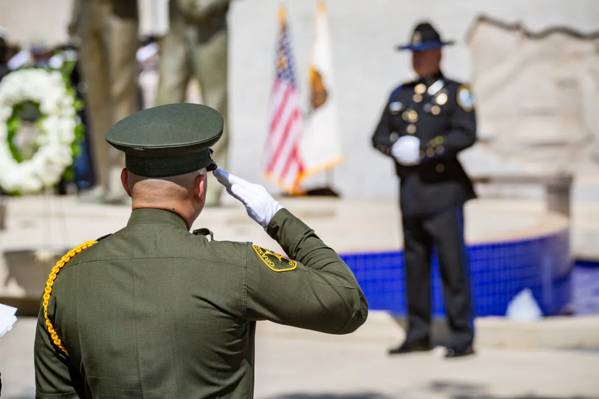 Orange County Peace Officers attend an annual service honoring fallen officers in Tustin, Calif., on May 27, 2021. (John Fredricks/The Epoch Times)