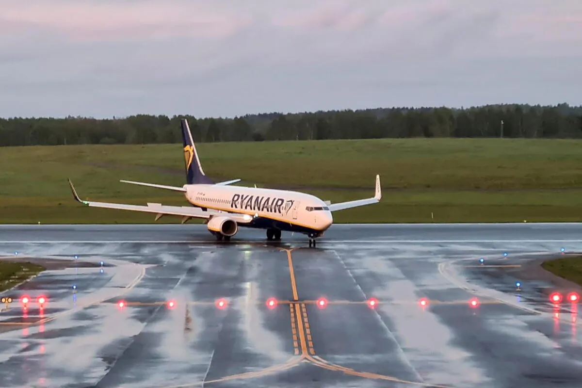 A Ryanair aircraft, which was carrying Belarusian opposition blogger and activist Roman Protasevich and diverted to Belarus, where authorities detained him, lands at Vilnius Airport in Vilnius, Lithuania, on May 23, 2021. (Andrius Sytas/Reuters)
