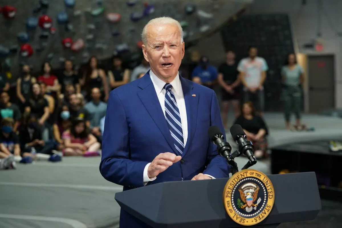 President Joe Biden speaks at the Sportrock Climbing Centers in Alexandria, Va., on May 28, 2021. (Mandel Ngan/AFP via Getty Images)