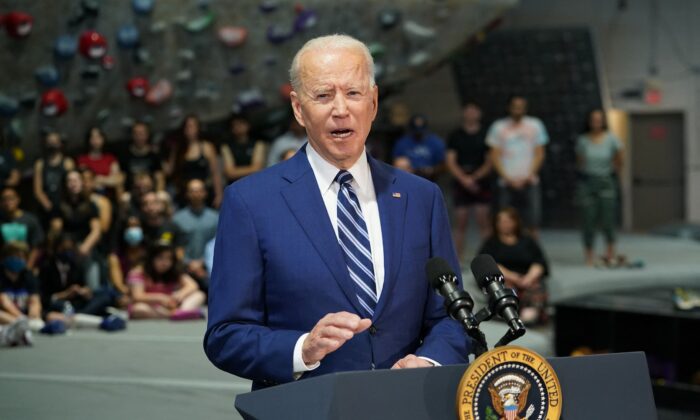 President Joe Biden speaks at the Sportrock Climbing Centers in Alexandria, Va., on May 28, 2021.  (Mandel Ngan/AFP via Getty Images)