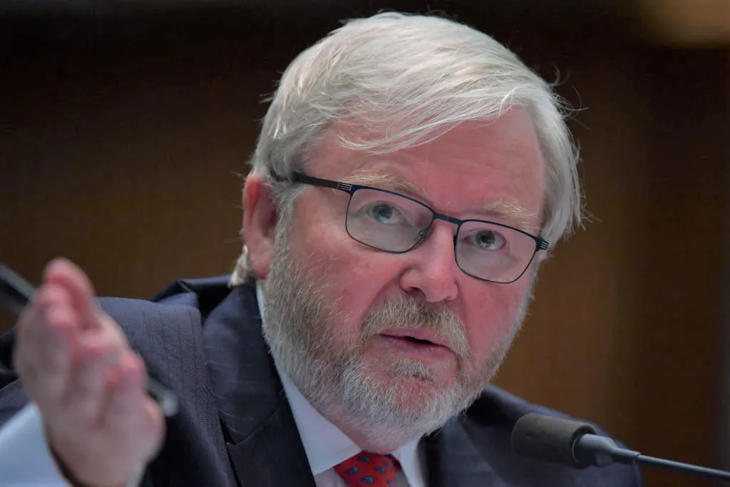 Former Prime Minister Kevin Rudd during the public hearing at the Environment and Communications References Committee at Parliament House in Canberra, Australia on February 19, 2021 (Sam Mooy/Getty Images)