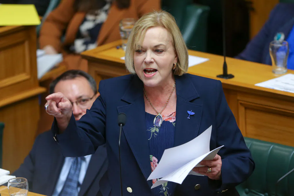 National Party leader Judith Collins speaks during budget day 2021 at Parliament on May 20, 2021 in Wellington, New Zealand. (Hagen Hopkins/Getty Images)