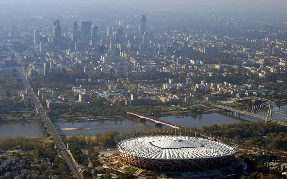 An aerial view of Warsaw, Poland, with the national stadium at the bottom, on Oct. 18, 2011. (Robert Grahn/AFP via Getty Images)