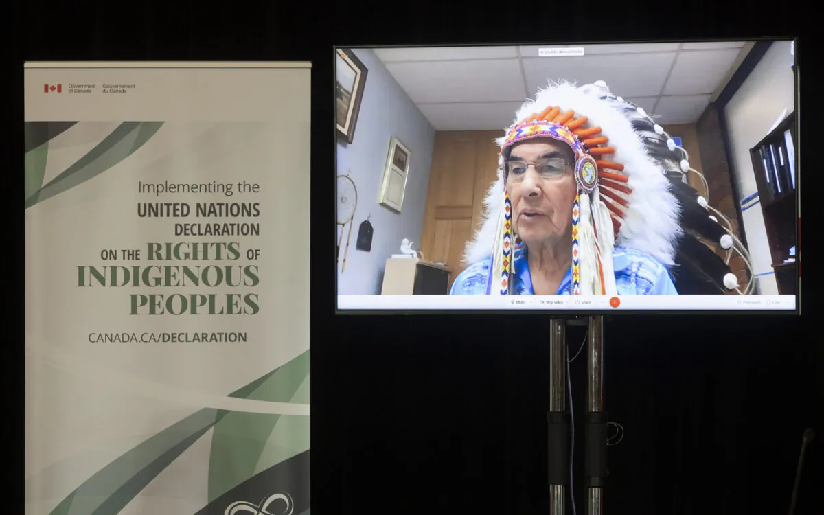 Grand Chief Wilton Littlechild speaks via video conference during an announcement about the United Nations Declaration on the Rights of Indigenous Peoples, in Ottawa, Canada, on Dec. 3, 2020. (Adrian Wyld/The Canadian Press)