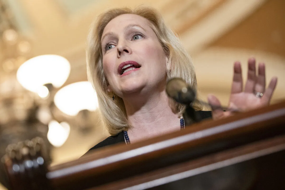 Sen. Kirsten Gillibrand (D-N.Y.) talks to reporters following the Senate Democrats weekly policy luncheon on Capitol Hill in Washington, on March 10, 2020.  (Samuel Corum/Getty Images) 