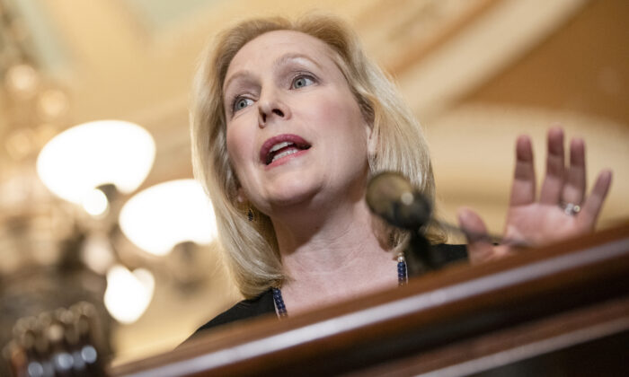 Sen. Kirsten Gillibrand (D-N.Y.) talks to reporters following the Senate Democrats weekly policy luncheon on Capitol Hill in Washington, on March 10, 2020.  (Samuel Corum/Getty Images) 