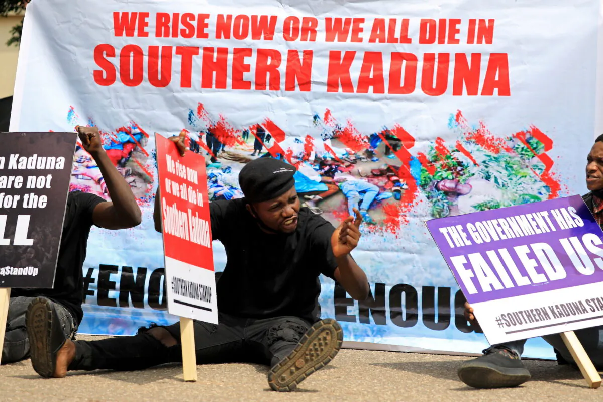 People gather to protest killings in southern Kaduna and insecurities in Nigeria, at the U.S. embassy in Abuja, Nigeria on August 15, 2020. (Afolabi Sotunde/REUTERS)