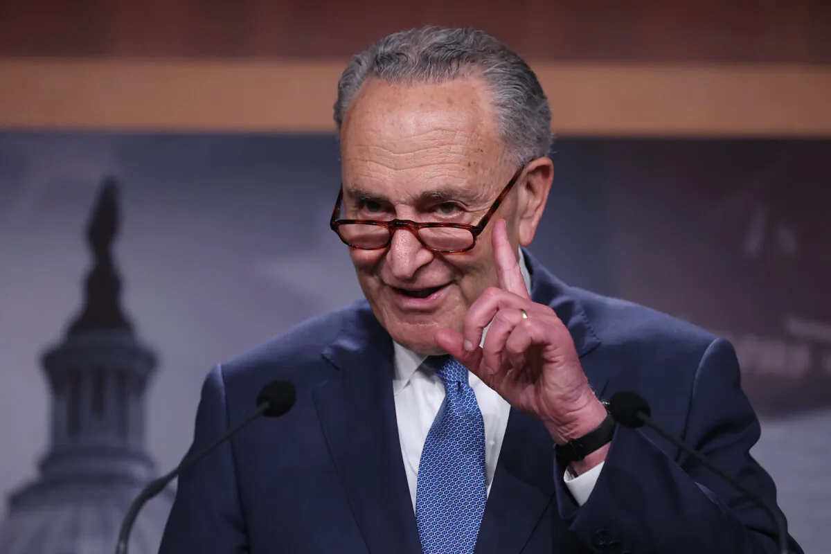 Senate Majority Leader Chuck Schumer (D-N.Y.) speaks to reporters in Washington on May 28, 2021. (Chip Somodevilla/Getty Images)