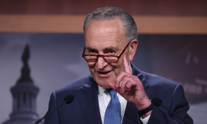Senate Majority Leader Chuck Schumer (D-N.Y.) speaks to reporters in Washington on May 28, 2021. (Chip Somodevilla/Getty Images)