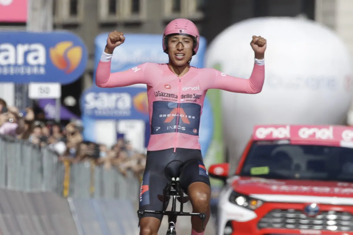 Colombia's Egan Bernal celebrates as he completes the final stage to win the Giro d'Italia cycling race, a 30.3 kilometers individual time trial from Senago to Milan, Italy, on May 30, 2021. (Luca Bruno/AP Photo)