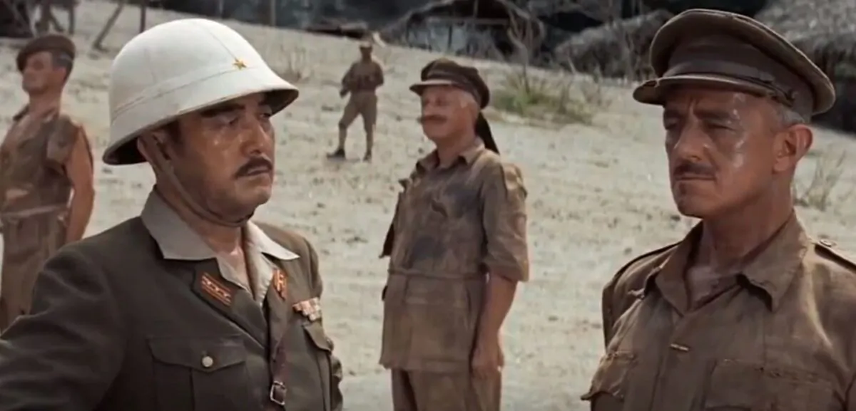 Sessue Hayakawa (L) and Alec Guinness, as colonels in opposition, in “The Bridge on the River Kwai.” (Columbia Pictures)