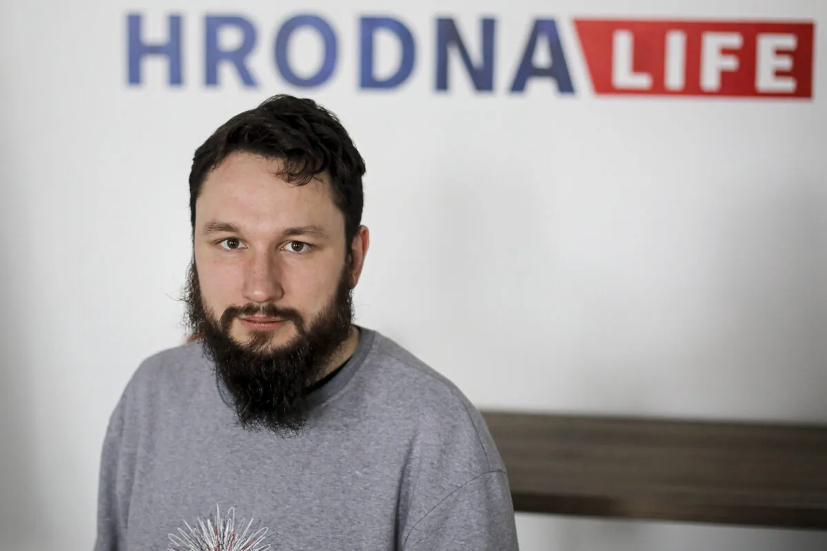 Belarusian journalist, Aliaksei Shota, editor of Hrodna.life website poses for a photo in Grodno, Belarus, on Feb. 22, 2021. (AP Photo)