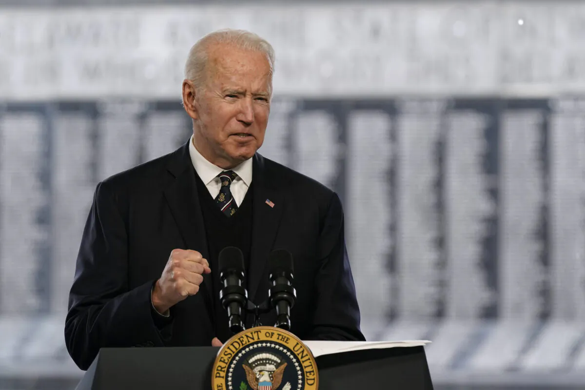 President Joe Biden speaks at a Memorial Day event at Veterans Memorial Park at the Delaware Memorial Bridge in New Castle, Del., on May 30, 2021. (Patrick Semansky/AP Photo)