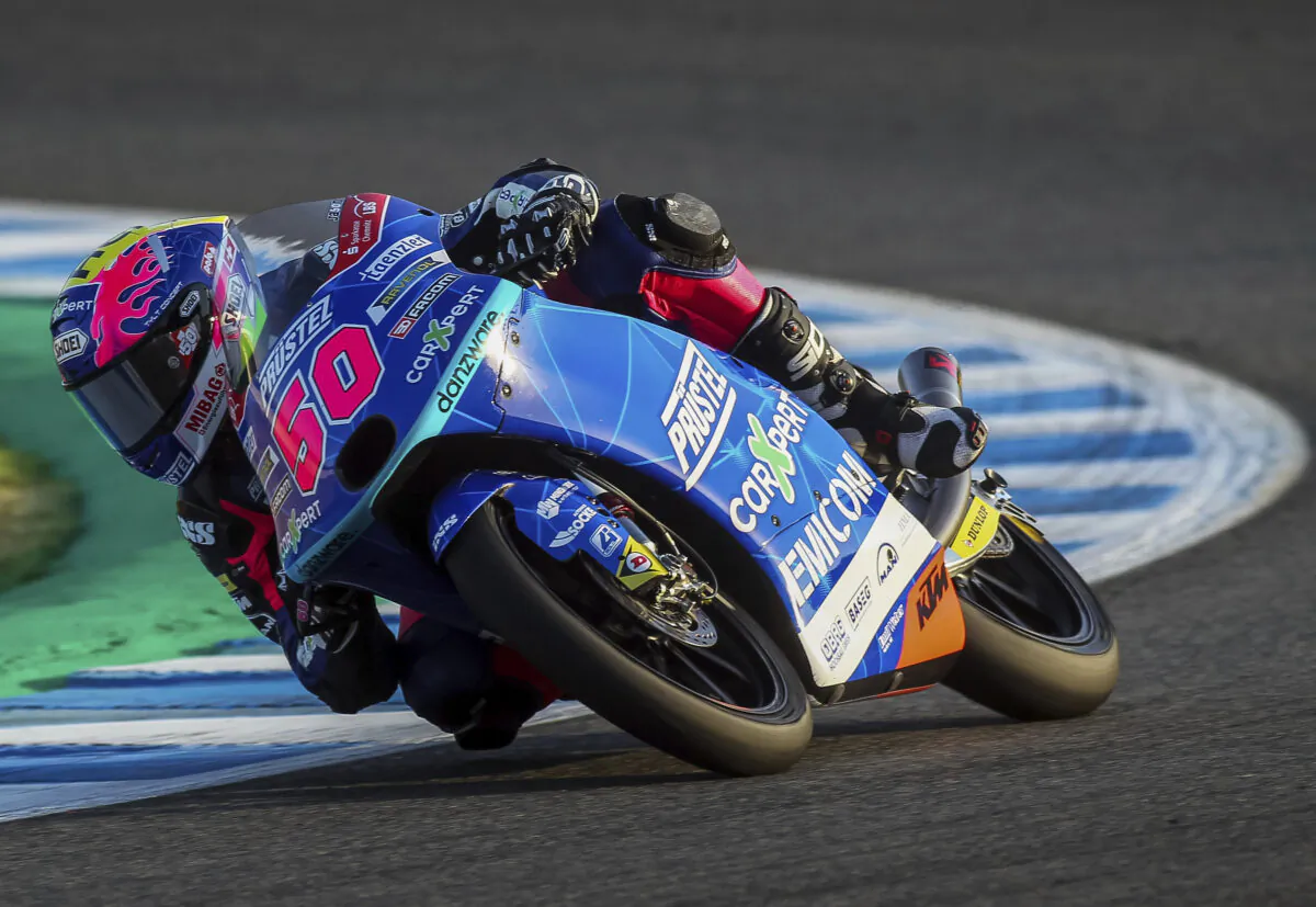 Swiss rider Jason Dupasquier during the Moto3 warm up prior the Spanish Motorcycle Grand Prix race at the Angel Nieto racetrack in Jerez de la Frontera, Spain, on July 19, 2020. (David Clares/File/AP Photo)