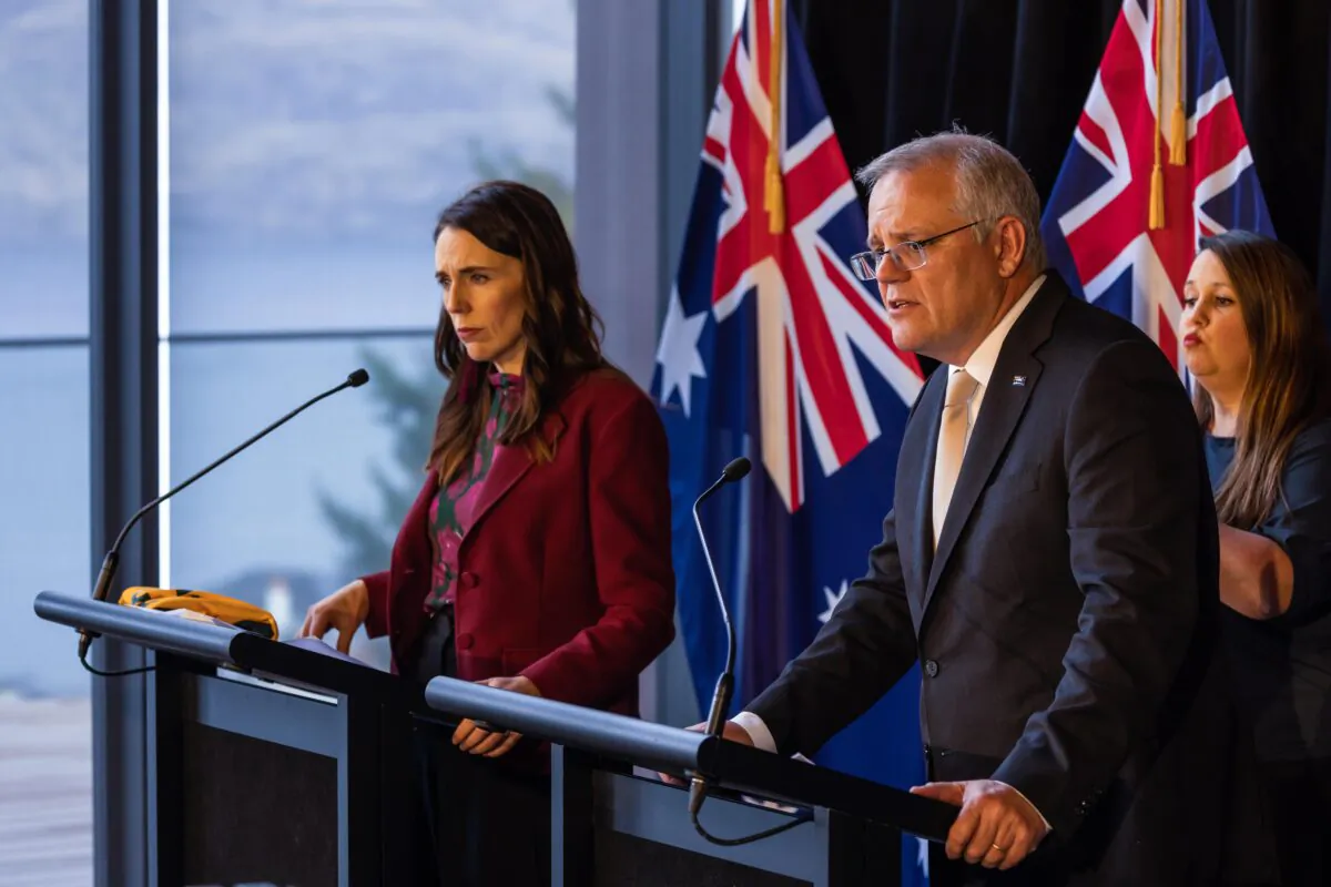 New Zealand Prime Minister Jacinda Ardern and Australian Prime Minister Scott Morrison speak during a joint press conference held at The Nest in Queenstown, New Zealand, on May 31, 2021. Australian Prime Minister Scott Morrison is on a two-day visit to New Zealand attending the annual Australia–New Zealand Leaders Meeting. (AAP Image/Peter Meecham)