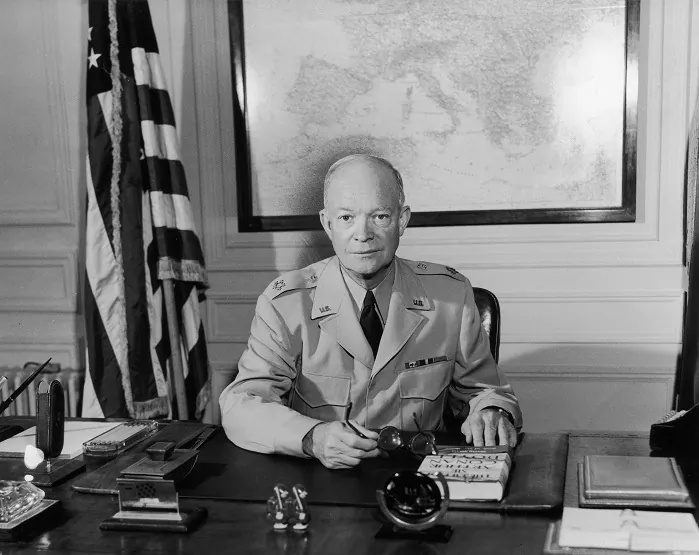 Supreme Allied Commander Gen. Dwight D. Eisenhower at his desk in the Marly headquarters, near Paris. (Hulton Archive/Getty Images)