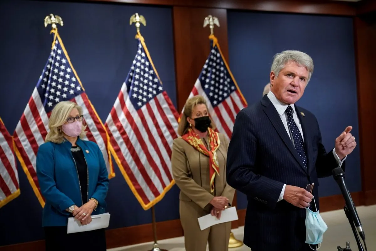 Rep. Michael McCaul (R-Texas) speaks during a press conference following a House Republican caucus meeting on Capitol Hill in Washington on April 14, 2021. (Drew Angerer/Getty Images)
