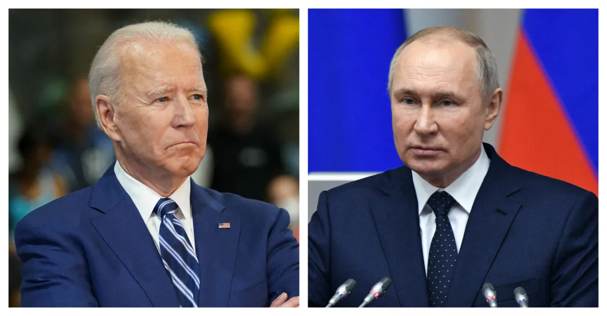 (L) President Joe Biden waits to speak as he visits the Sportrock Climbing Centers in Alexandria, Va., on May 28, 2021. (Mandel Ngan/AFP via Getty Images) (R) Russian President Vladimir Putin delivers a speech during a meeting with members of the Council of Legislators of the Federal Assembly, at the Tauride Palace, in Saint Petersburg, Russia, on April 27, 2021. (Alexei Danichev/Sputnik/AFP via Getty Images)