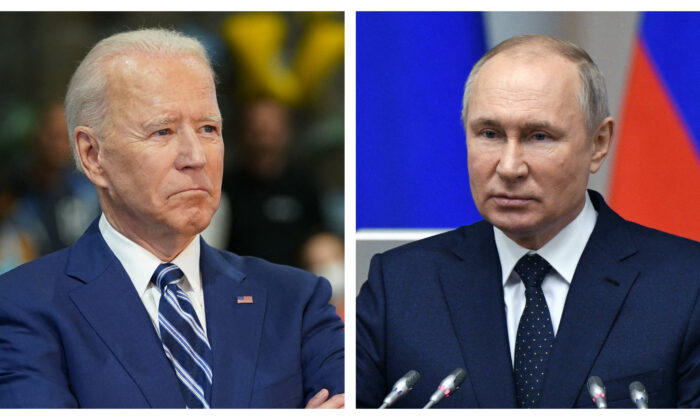 (L) President Joe Biden waits to speak as he visits the Sportrock Climbing Centers in Alexandria, Va., on May 28, 2021. (Mandel Ngan/AFP via Getty Images) (R) Russian President Vladimir Putin delivers a speech during a meeting with members of the Council of Legislators of the Federal Assembly, at the Tauride Palace, in Saint Petersburg, Russia, on April 27, 2021. (Alexei Danichev/Sputnik/AFP via Getty Images)