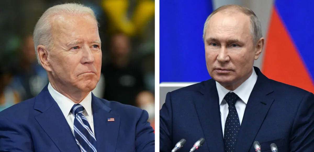 (Left) President Joe Biden waits to speak as he visits the Sportrock Climbing Centers in Alexandria, Va., on May 28, 2021. (Mandel Ngan/AFP via Getty Images); (Right) Russian President Vladimir Putin delivers a speech during a meeting with members of the Council of Legislators of the Federal Assembly, at the Tauride Palace, in Saint Petersburg, Russia, on April 27, 2021. (Alexei Danichev/Sputnik/AFP via Getty Images)