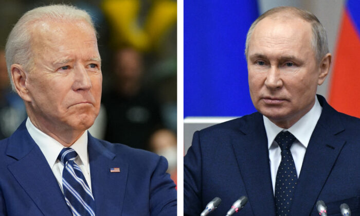 (L) U.S. President Joe Biden waits to speak as he visits the Sportrock Climbing Centers in Alexandria, Va., on May 28, 2021. (R) Russian President Vladimir Putin delivers a speech during a meeting with members of the Council of Legislators of the Federal Assembly, at the Tauride Palace, in Saint Petersburg, Russia, on April 27, 2021. (Mandel Ngan & Alexei Danichev/Sputnik/AFP via Getty Images)