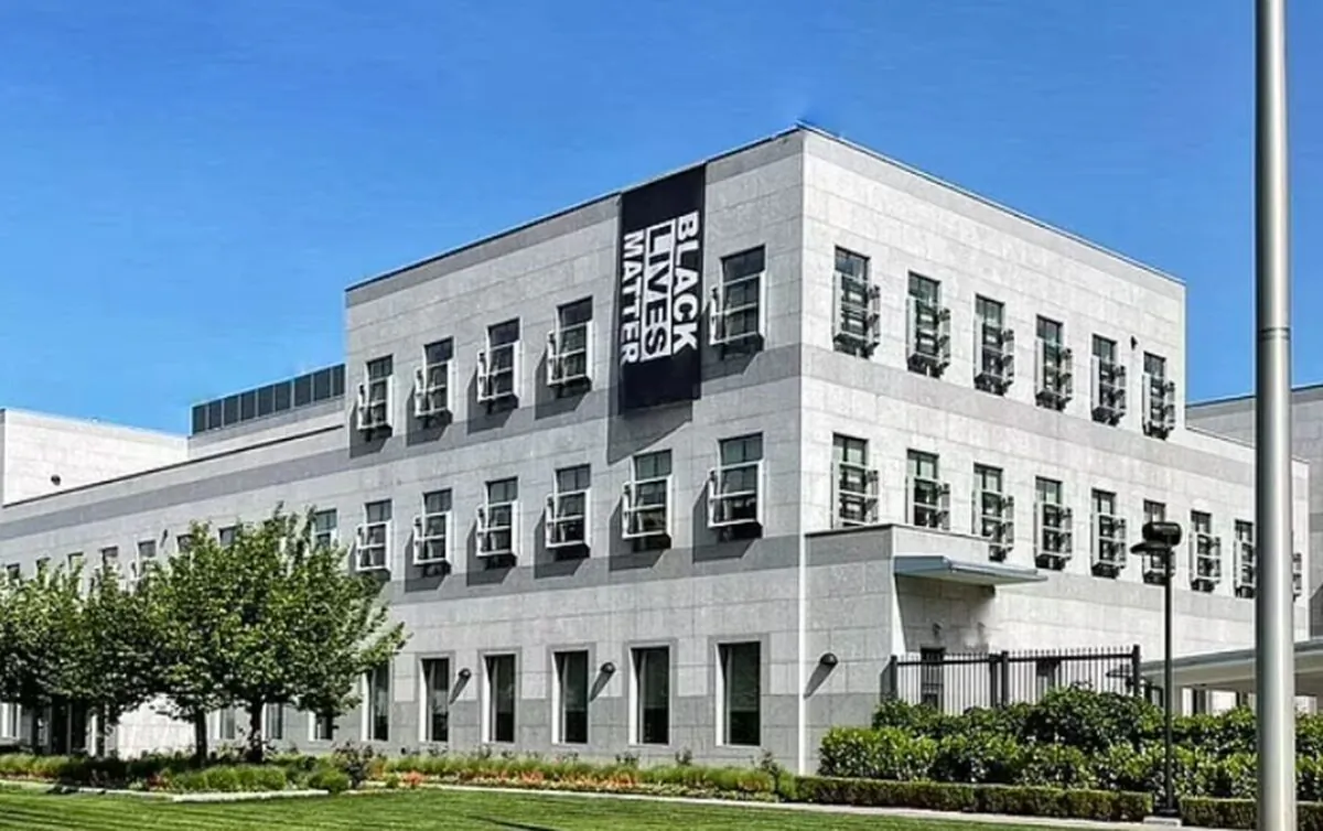 A Black Lives Matter banner hanging over the U.S. Embassy in Bosnia and Herzegovina in a file photo. (U.S. Embassy in Bosnia and Herzegovina)