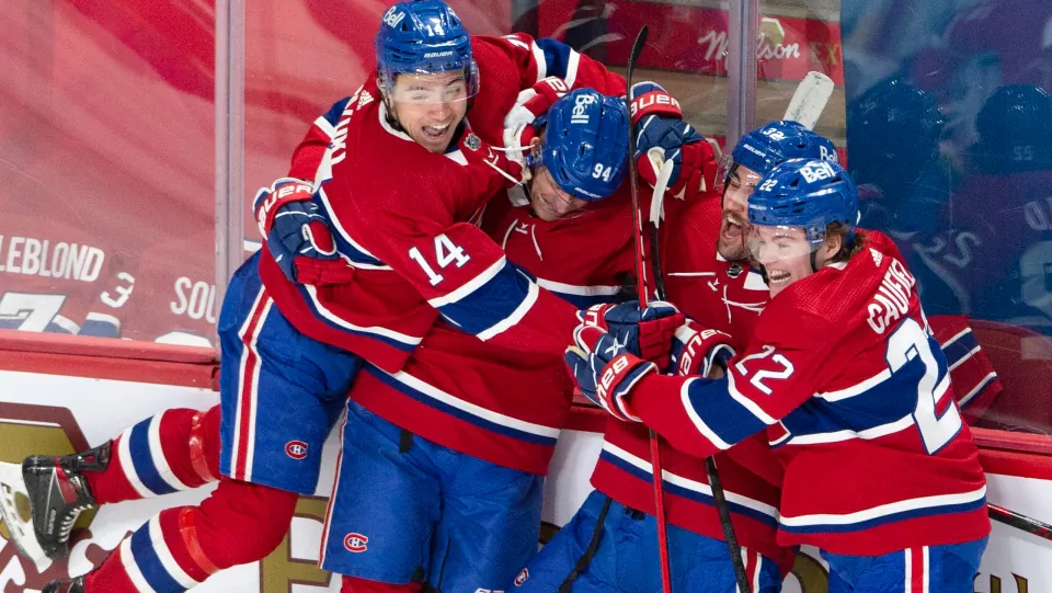 Montreal Canadiens right wing Corey Perry (94) celebrates his goal against the Toronto Maple Leafs with teammates during third period NHL playoff hockey action on May 29, 2021 in Montreal. (The Canadian Press/Ryan Remiorz)