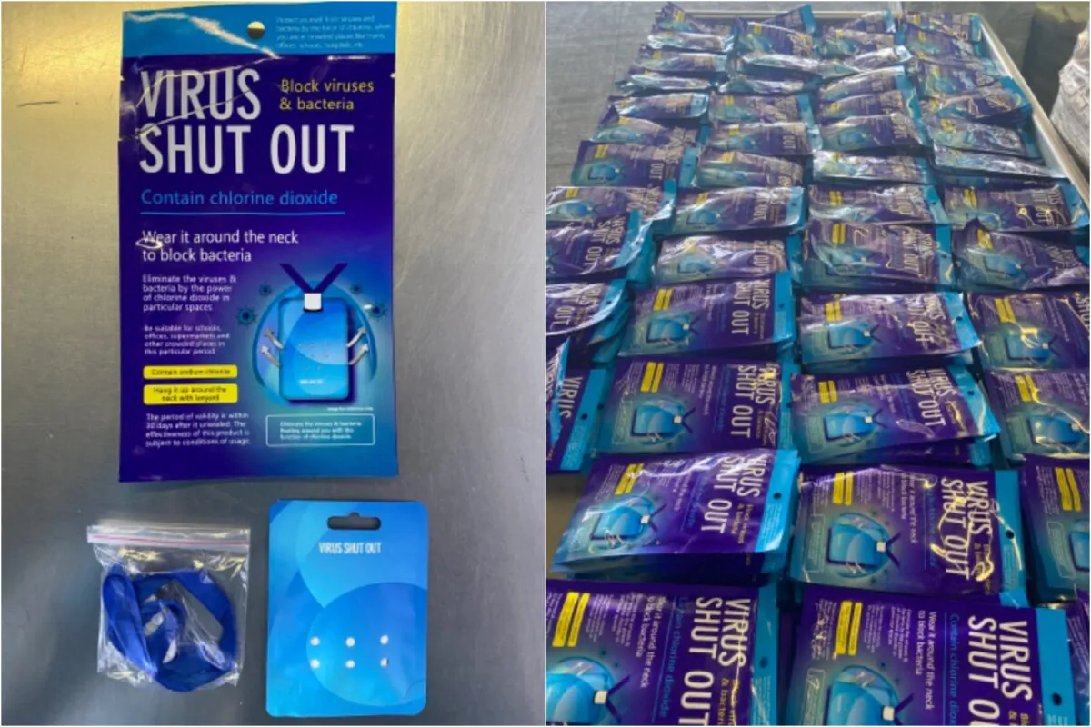 A shipment of the "Virus Shut Out" products, which are marketed to protect against COVID-19 and contain the hazardous pesticide Chlorine Dioxide, was seized in Nogales, Ariz., on April 16, 2021. (Courtesy of Customs and Border Protection)