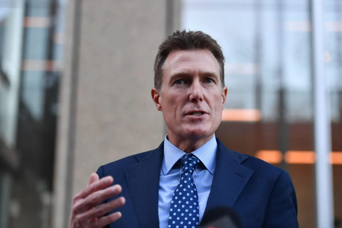 Minister for Industry Christian Porter speaks to the media outside the Federal Court of NSW in Sydney, Australia, on May 31, 2021. (AAP Image/Dean Lewins)