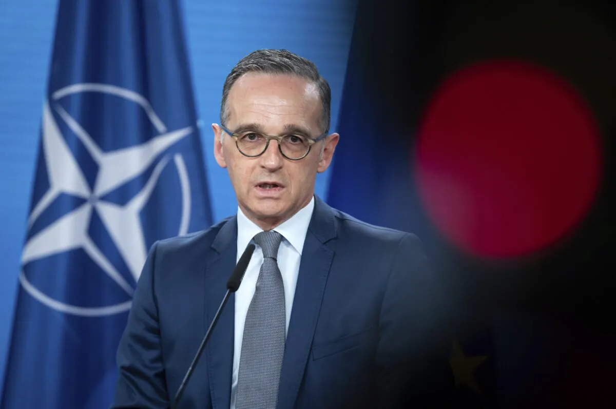 German Foreign Minister Heiko Maas speaks ahead of the North Atlantic Council meeting at the Federal Foreign Office in Berlin on June 1, 2021. (Bernd von Jutrczenka/DPA via AP, Pool)